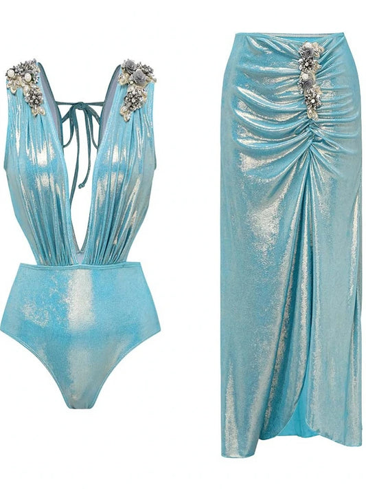 Bikini Bodysuit Swimwear Women With Skirt Bathing Suit Summer New Ruffle Splice Print Beachwear Holiday Bikini Cover Ups Outfits