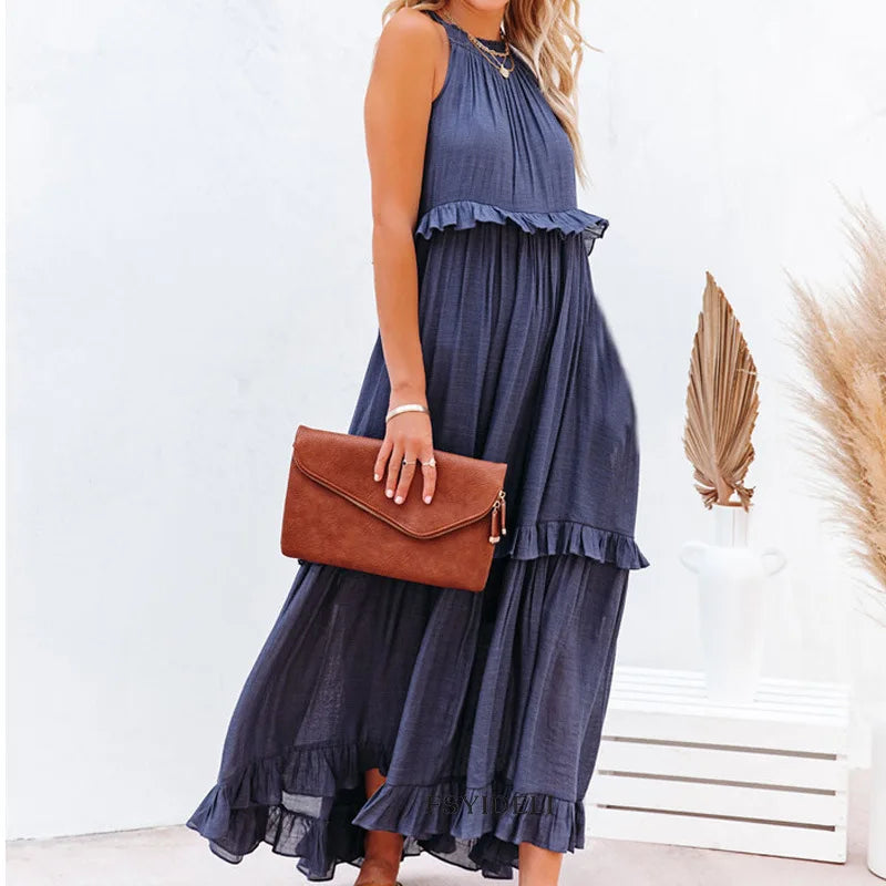 Summer Vacation Long Dresses Women's New Fashion Halter Neck Backless Leace-up Loose Ruffles Beach Dress Elegant Ladies Vestidos