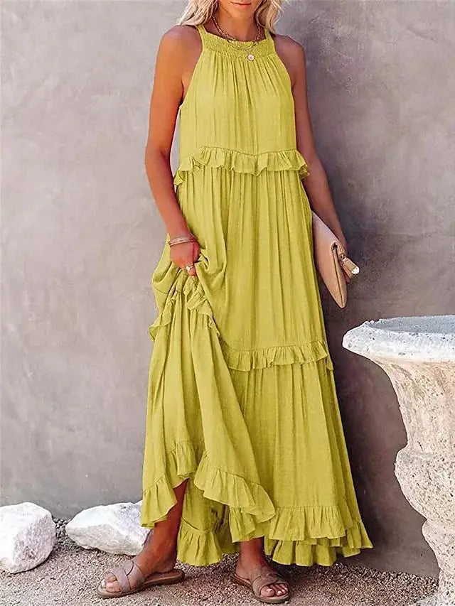Summer Vacation Long Dresses Women's New Fashion Halter Neck Backless Leace-up Loose Ruffles Beach Dress Elegant Ladies Vestidos