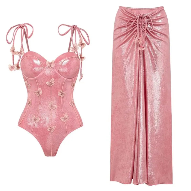 Bikini Bodysuit Swimwear Women With Skirt Bathing Suit Summer New Ruffle Splice Print Beachwear Holiday Bikini Cover Ups Outfits