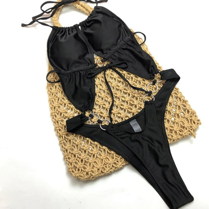 Sexy Bikini Personality Simple Female Swimsuit Solid Color Lace Up Sexy Bikini High Waisted Bikini Bottoms