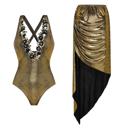 Bikini Bodysuit Swimwear Women With Skirt Bathing Suit Summer New Ruffle Splice Print Beachwear Holiday Bikini Cover Ups Outfits