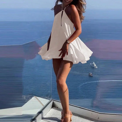 Sexy Elegant Hanging Neck Sleeveless Backless Mini Dress Women Fashion Cross Backless Pleated Beach Dresses Holiday Clothing