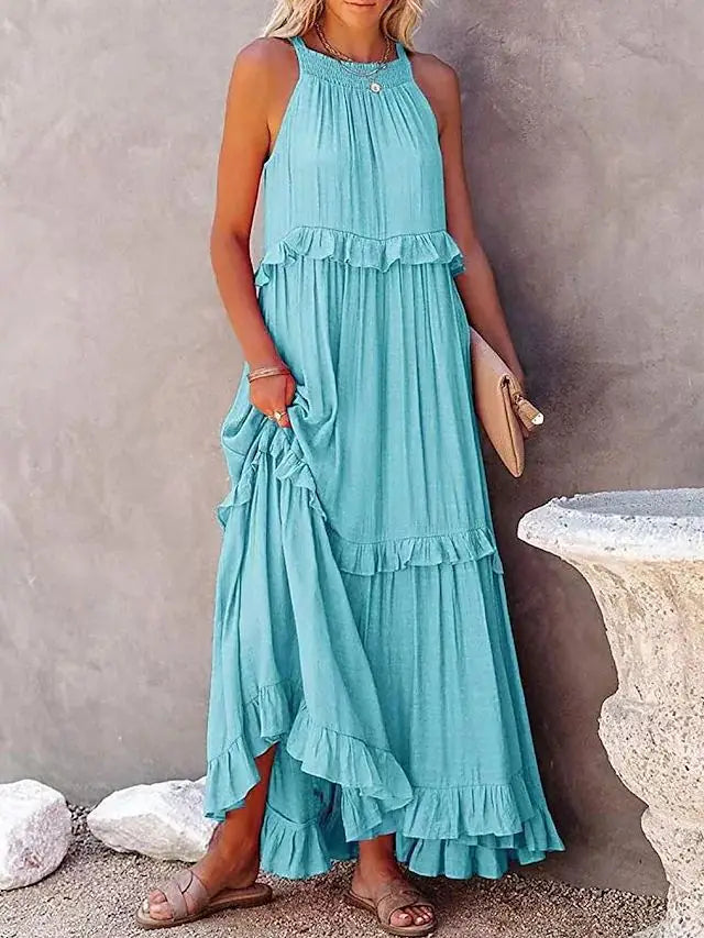 Summer Vacation Long Dresses Women's New Fashion Halter Neck Backless Leace-up Loose Ruffles Beach Dress Elegant Ladies Vestidos