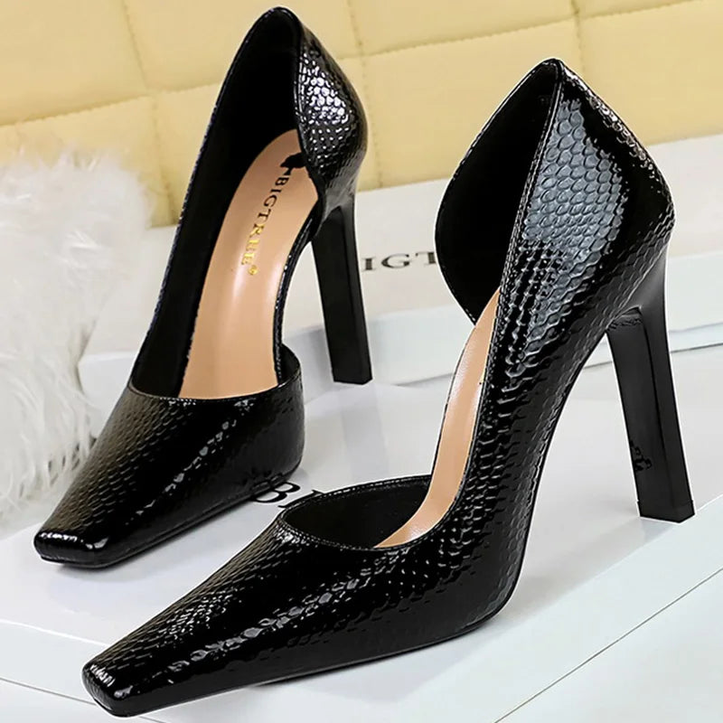 Women 11cm High Heels Square Heels Pumps Square Toe Green Pink Heels Lady Serpentine Patent Leather Wedding Evening Party Shoes