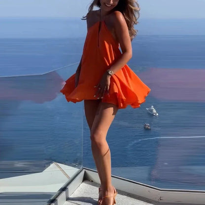 Sexy Elegant Hanging Neck Sleeveless Backless Mini Dress Women Fashion Cross Backless Pleated Beach Dresses Holiday Clothing