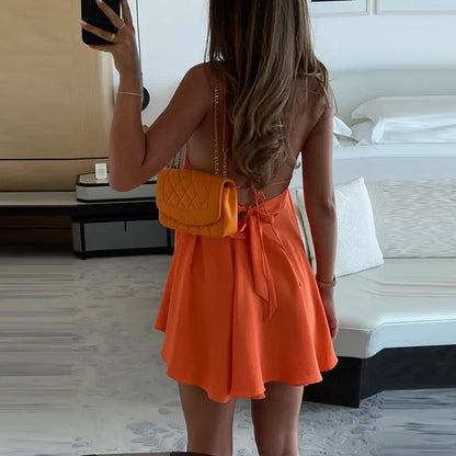 Sexy Elegant Hanging Neck Sleeveless Backless Mini Dress Women Fashion Cross Backless Pleated Beach Dresses Holiday Clothing