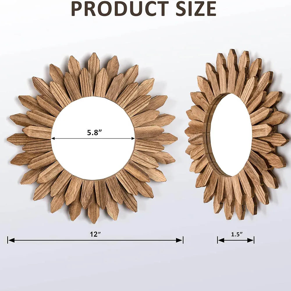 Mirror Wall Decor 12 inch Rustic Wood Boho Aesthetic Mirror for Room & Home Decor Farmhouse Wall Decor at Living Room Bedroom