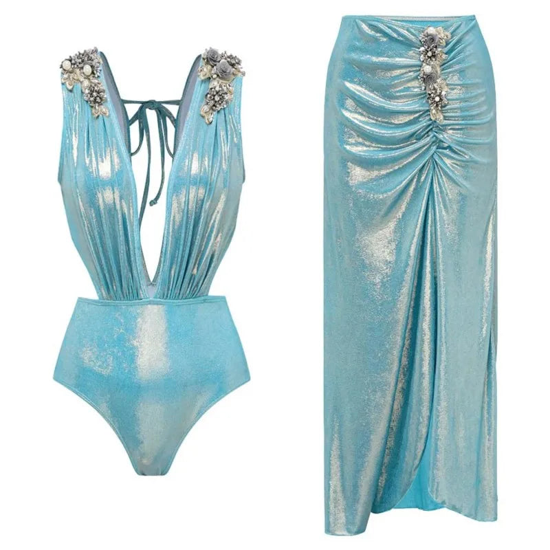 Bikini Bodysuit Swimwear Women With Skirt Bathing Suit Summer New Ruffle Splice Print Beachwear Holiday Bikini Cover Ups Outfits