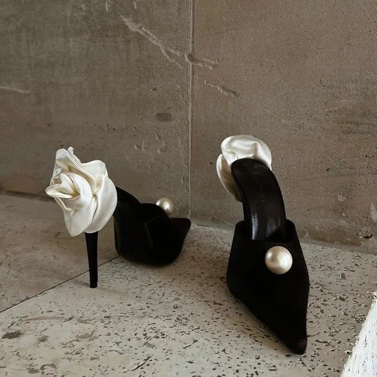 Black Satin High Heels Slippers New Spring and Summer Pearl High Heels Stiletto Heels Women's Stiletto Party White Rose Sandals
