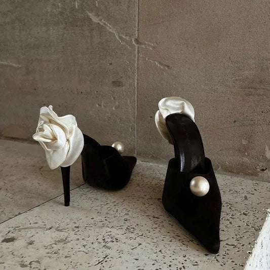 Black Satin High Heels Slippers New Spring and Summer Pearl High Heels Stiletto Heels Women's Stiletto Party White Rose Sandals