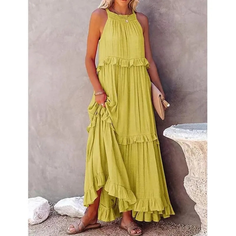 Summer Vacation Long Dresses Women's New Fashion Halter Neck Backless Leace-up Loose Ruffles Beach Dress Elegant Ladies Vestidos