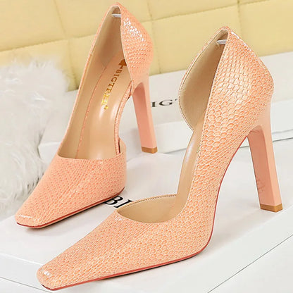 Women 11cm High Heels Square Heels Pumps Square Toe Green Pink Heels Lady Serpentine Patent Leather Wedding Evening Party Shoes