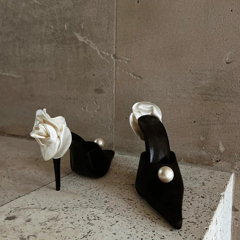 Black Satin High Heels Slippers New Spring and Summer Pearl High Heels Stiletto Heels Women's Stiletto Party White Rose Sandals