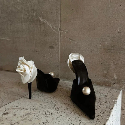 Black Satin High Heels Slippers New Spring and Summer Pearl High Heels Stiletto Heels Women's Stiletto Party White Rose Sandals