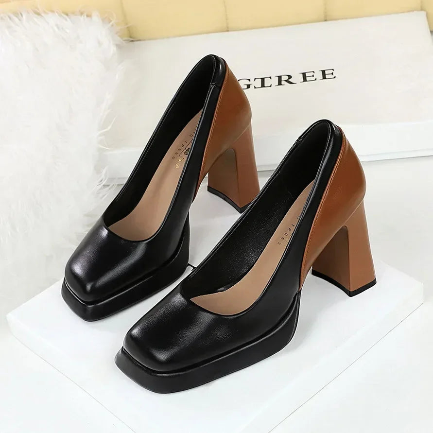 BIGTREE Fashion Style Super High Heels Women's Shoes Shallow Mouth Chunky Heels Color Blocked Waterproof Platform Heels Shoes