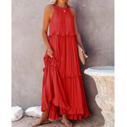Summer Vacation Long Dresses Women's New Fashion Halter Neck Backless Leace-up Loose Ruffles Beach Dress Elegant Ladies Vestidos