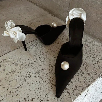 Black Satin High Heels Slippers New Spring and Summer Pearl High Heels Stiletto Heels Women's Stiletto Party White Rose Sandals