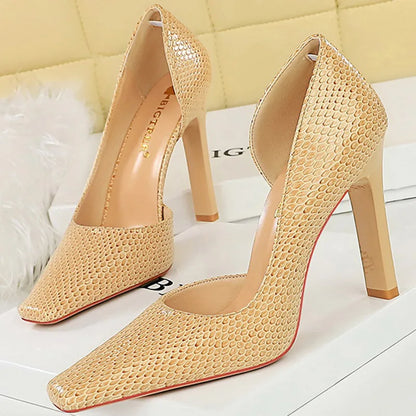 Women 11cm High Heels Square Heels Pumps Square Toe Green Pink Heels Lady Serpentine Patent Leather Wedding Evening Party Shoes