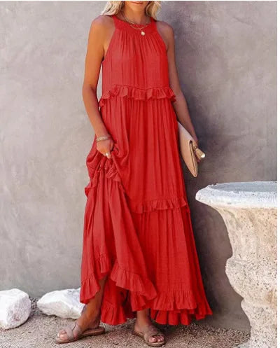Summer Vacation Long Dresses Women's New Fashion Halter Neck Backless Leace-up Loose Ruffles Beach Dress Elegant Ladies Vestidos