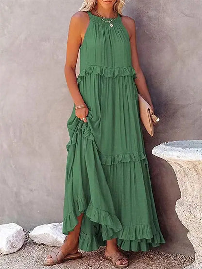 Summer Vacation Long Dresses Women's New Fashion Halter Neck Backless Leace-up Loose Ruffles Beach Dress Elegant Ladies Vestidos