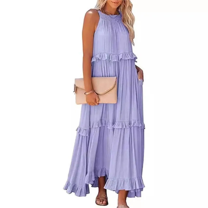 Summer Vacation Long Dresses Women's New Fashion Halter Neck Backless Leace-up Loose Ruffles Beach Dress Elegant Ladies Vestidos