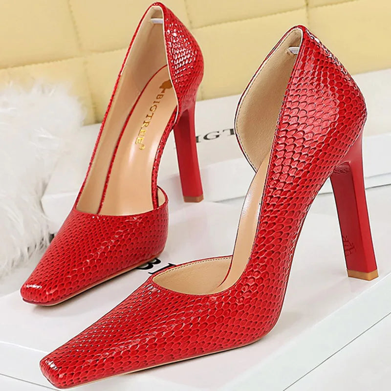 Women 11cm High Heels Square Heels Pumps Square Toe Green Pink Heels Lady Serpentine Patent Leather Wedding Evening Party Shoes