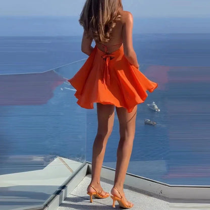 Sexy Elegant Hanging Neck Sleeveless Backless Mini Dress Women Fashion Cross Backless Pleated Beach Dresses Holiday Clothing