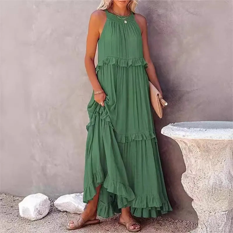 Summer Vacation Long Dresses Women's New Fashion Halter Neck Backless Leace-up Loose Ruffles Beach Dress Elegant Ladies Vestidos
