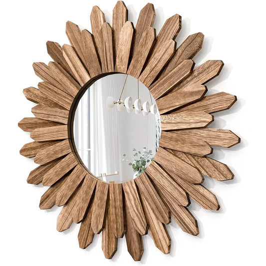 Mirror Wall Decor 12 inch Rustic Wood Boho Aesthetic Mirror for Room & Home Decor Farmhouse Wall Decor at Living Room Bedroom