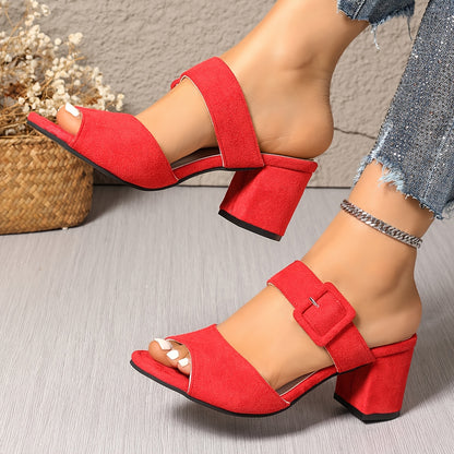 [Trendy High Heels] Comfortable Trendy Women's High Heels - New Style Solid Color Peep-Toe - Fashionable Versatile Chunky Heel Outdoor Buckle