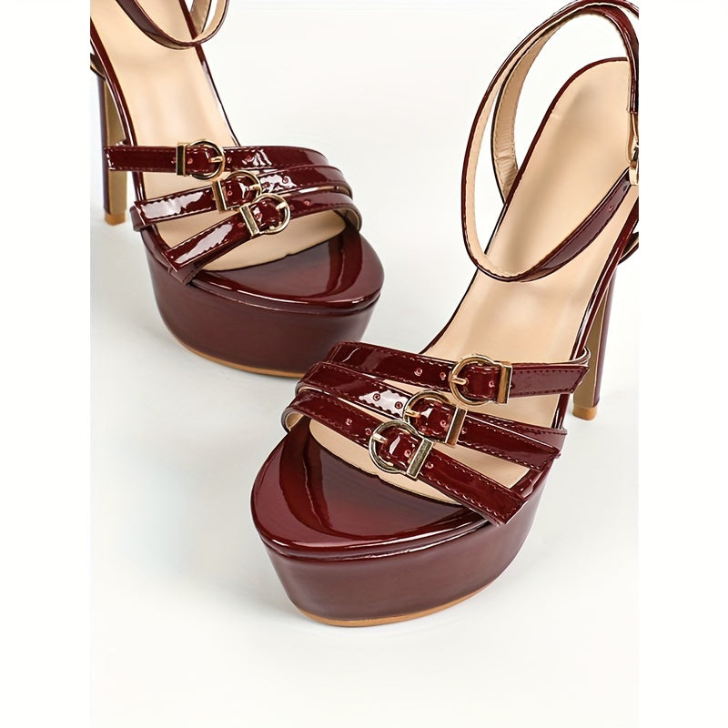 Women's Sexy Strappy High Heels Sandals - Maroon PU Patent, Thick Sole, Waterproof Platform, Round Toe, Stiletto Heel - For Evening Parties & Special Occasions - Perfect Gift for Women