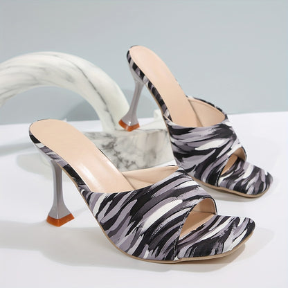 [Durable Build] Women's Square Toe Stiletto Sandals - Zebra Print & Multicolor Pattern, Open Toe High Heels with Faux Cover Inner Lining and Rubber Sole, Elegant Slip-On Dress Shoes for Parties and Events, Summer Shoes | Squa