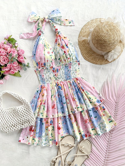 Women's Floral Print Halter Neck Dress - Lightweight Summer Dress with Ruching Detail, Machine Washable, Vibrant Spring/Summer Casual Beachwear