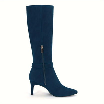 Women's Knee High Boots, High Heels, Suede Leather, Pointed Toe, Wide Calf, Metal Buckle, Side Zipper, Winter Boots