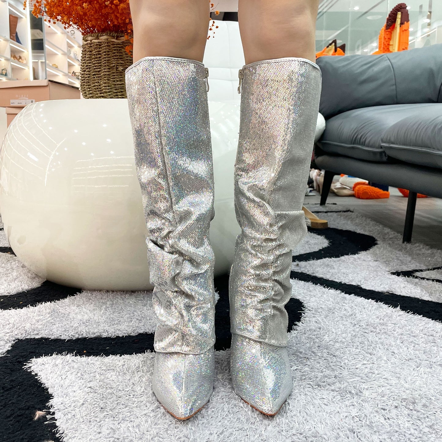 Metallic Fishnet Overlay Boots Knee High Boots Women Fold Over Knee High Boots Chunky High Heels Long Boots Zipper Pointed Toe Dress Tall Boots For Women