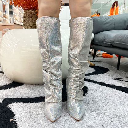 Metallic Fishnet Overlay Boots Knee High Boots Women Fold Over Knee High Boots Chunky High Heels Long Boots Zipper Pointed Toe Dress Tall Boots For Women