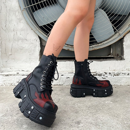 Halloween Women'S Flat Platform Ankle Boots Black High Heels Round Toe Thick Sole Mid Calf Booties Metal Decor Y2K Fashion Sports Shoes