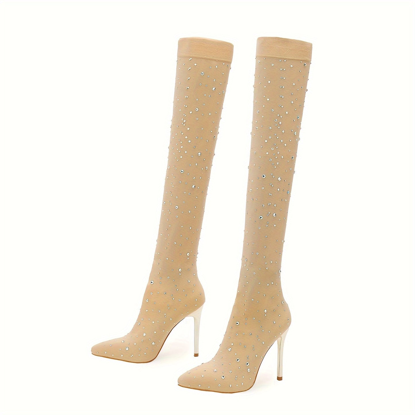 Women's Elastic Mesh Over-the-Knee Boots Elegant Rhinestone Decorated Pointed High-Top Thin Heels Party Fashion Tights Boots, Suitable for Dating, Dance, Nightclub, Valentine's Day