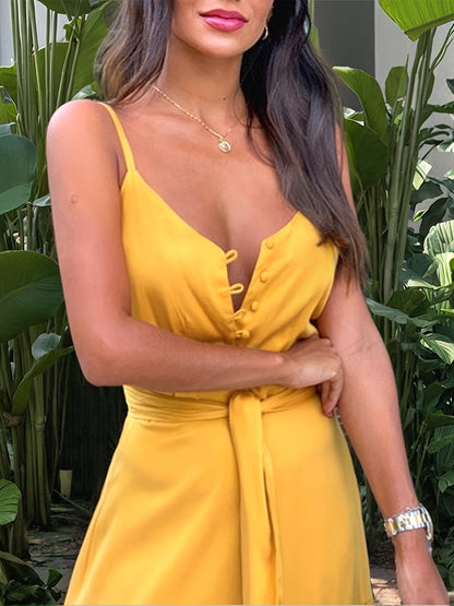 Women's Summer Dress - Solid Color, Buttoned Waist, Layered Suspender Design for Casual Wear