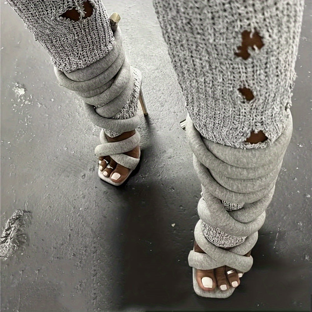 Strappy High Heels Gladiator Sandals - Grey Jersey Knit Fallopian Cloth Rope Lace Up Sexy Open Toe Square Stilettos Tie Up Heeled Sandals - For Women US Size 6-12 - Perfect for Parties & Night Out