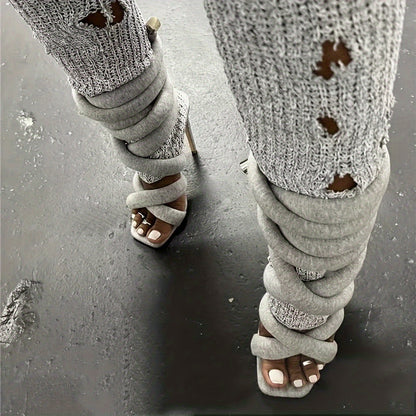 Strappy High Heels Gladiator Sandals - Grey Jersey Knit Fallopian Cloth Rope Lace Up Sexy Open Toe Square Stilettos Tie Up Heeled Sandals - For Women US Size 6-12 - Perfect for Parties & Night Out