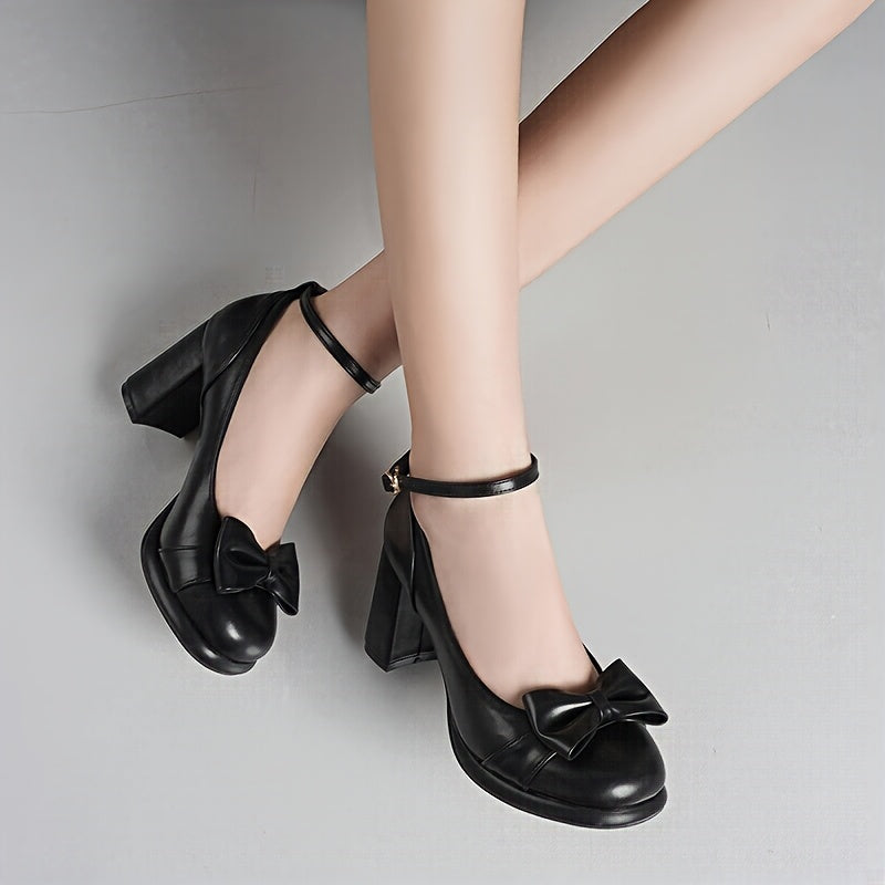 Women'S Black Round Toe High Heels with Bowknot - Sweet Platform Pumps, Chunky Heel, Synthetic Cover, All-Season Elegant Dress Shoes for Weddings & Formal Events, Ladies Shoe