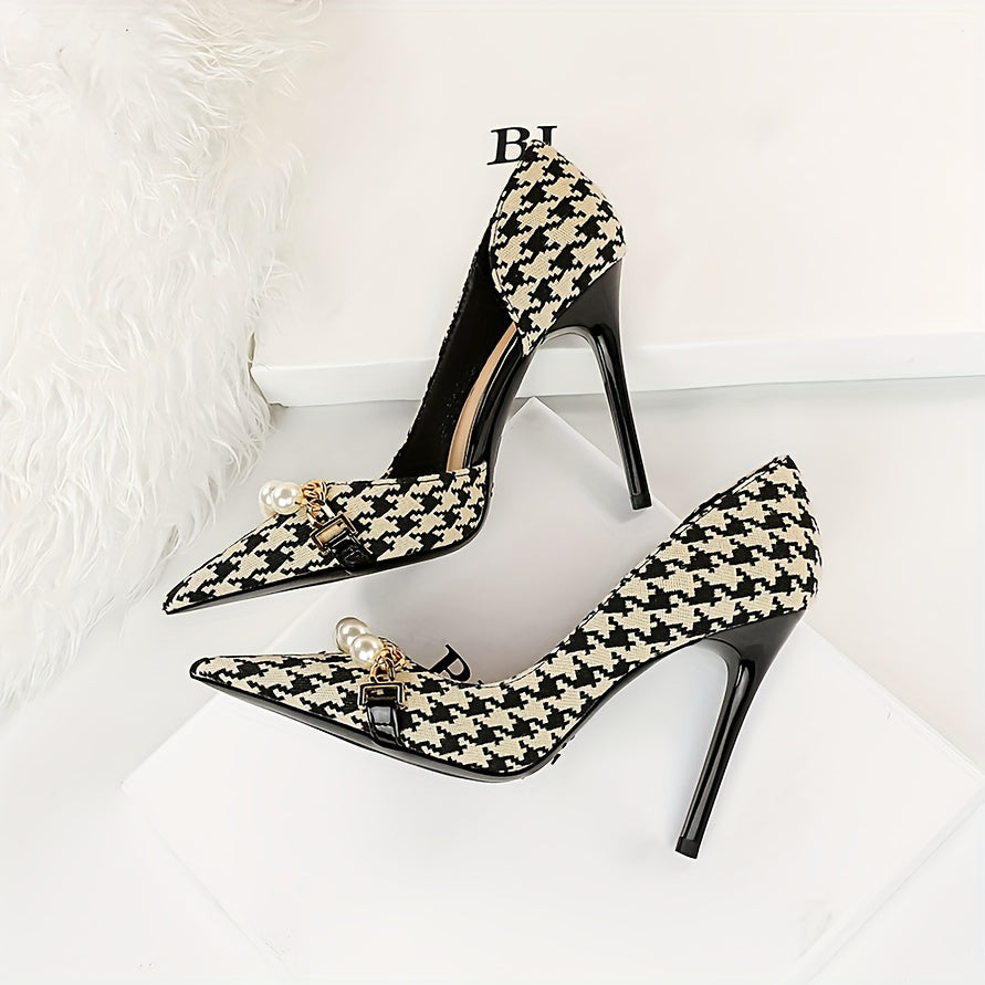 [Perfect Heel for Modern Woman] Womens Elegant Stiletto Heels, Thousand bird plaid pattern pattern collocation Dazzling Faux Pearl and metal Chain Decor, Wedding Evening Dress Office Party Dating Shoes, sleek pointed toe, eye