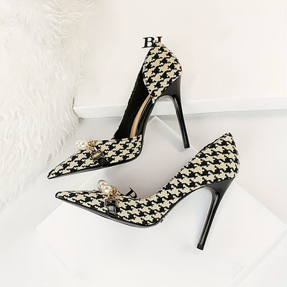 [Perfect Heel for Modern Woman] Womens Elegant Stiletto Heels, Thousand bird plaid pattern pattern collocation Dazzling Faux Pearl and metal Chain Decor, Wedding Evening Dress Office Party Dating Shoes, sleek pointed toe, eye