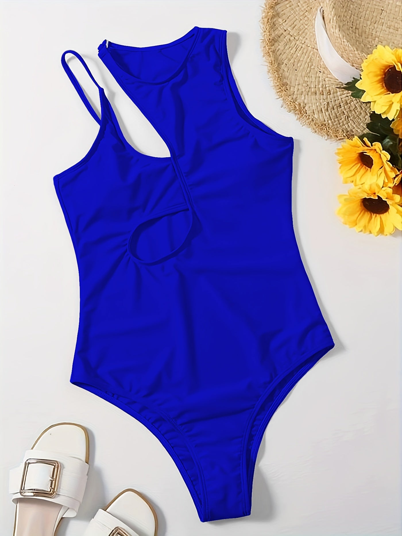 Flattering Asymmetric One Piece Swimsuit - Stretchy & High Cut Design - Solid Color Womens Swimwear for a Chic Beach Look