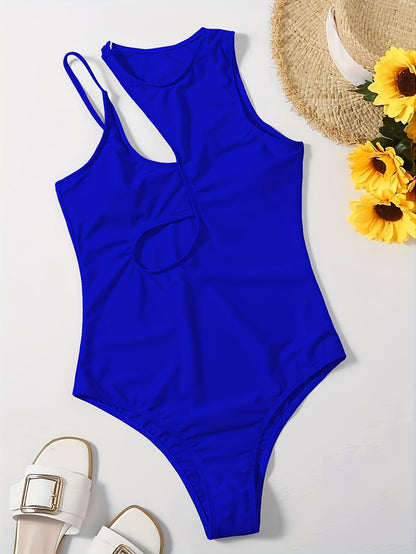 Flattering Asymmetric One Piece Swimsuit - Stretchy & High Cut Design - Solid Color Womens Swimwear for a Chic Beach Look