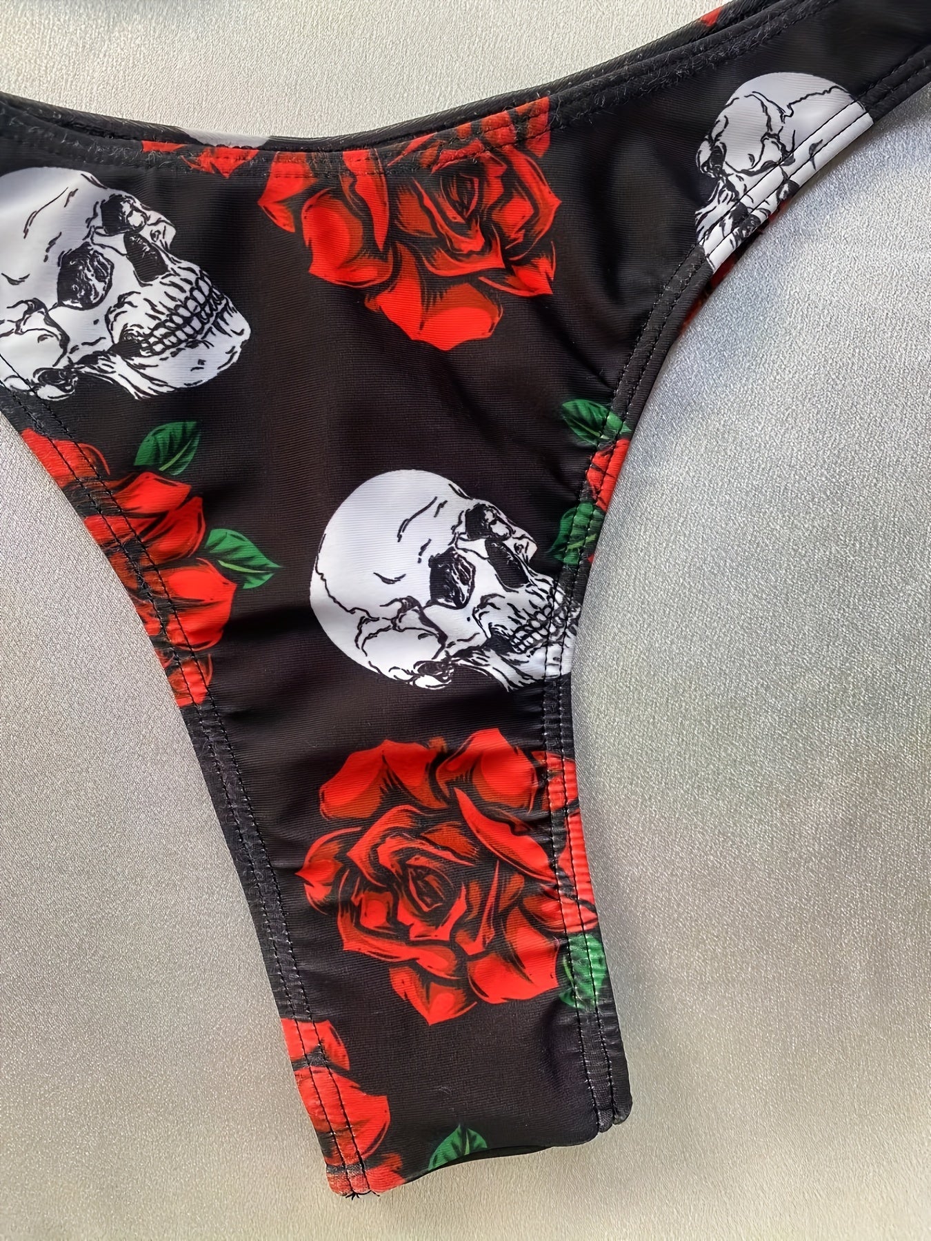 Halloween Skeleton & Flower Print Triangle 2 Piece Set Bikini, Spaghetti Strap Backless Stretchy Gothic Style Swimsuits, Women's Swimwear & Clothing Carnaval & Music Festival