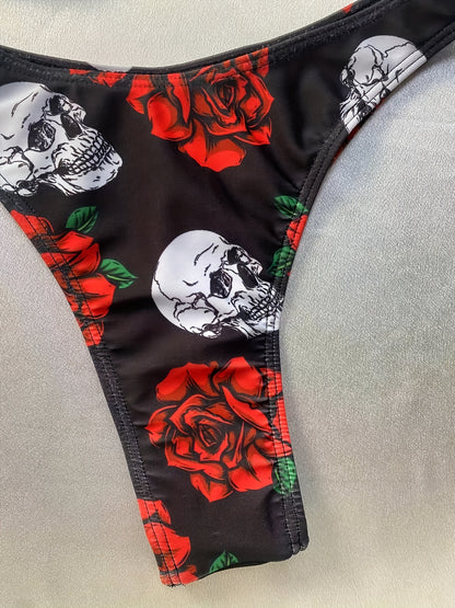 Halloween Skeleton & Flower Print Triangle 2 Piece Set Bikini, Spaghetti Strap Backless Stretchy Gothic Style Swimsuits, Women's Swimwear & Clothing Carnaval & Music Festival