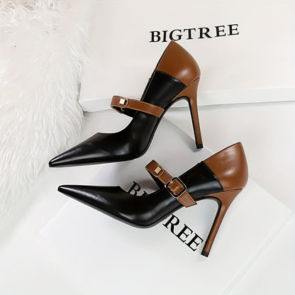 [Two-Tone Stiletto] Elegant Two-Tone Stiletto High Heels for Women | 1 Pair | PU, Rubber Sole | Pointed Toe, Ankle Strap | Versatile Season Footwear | Elegant